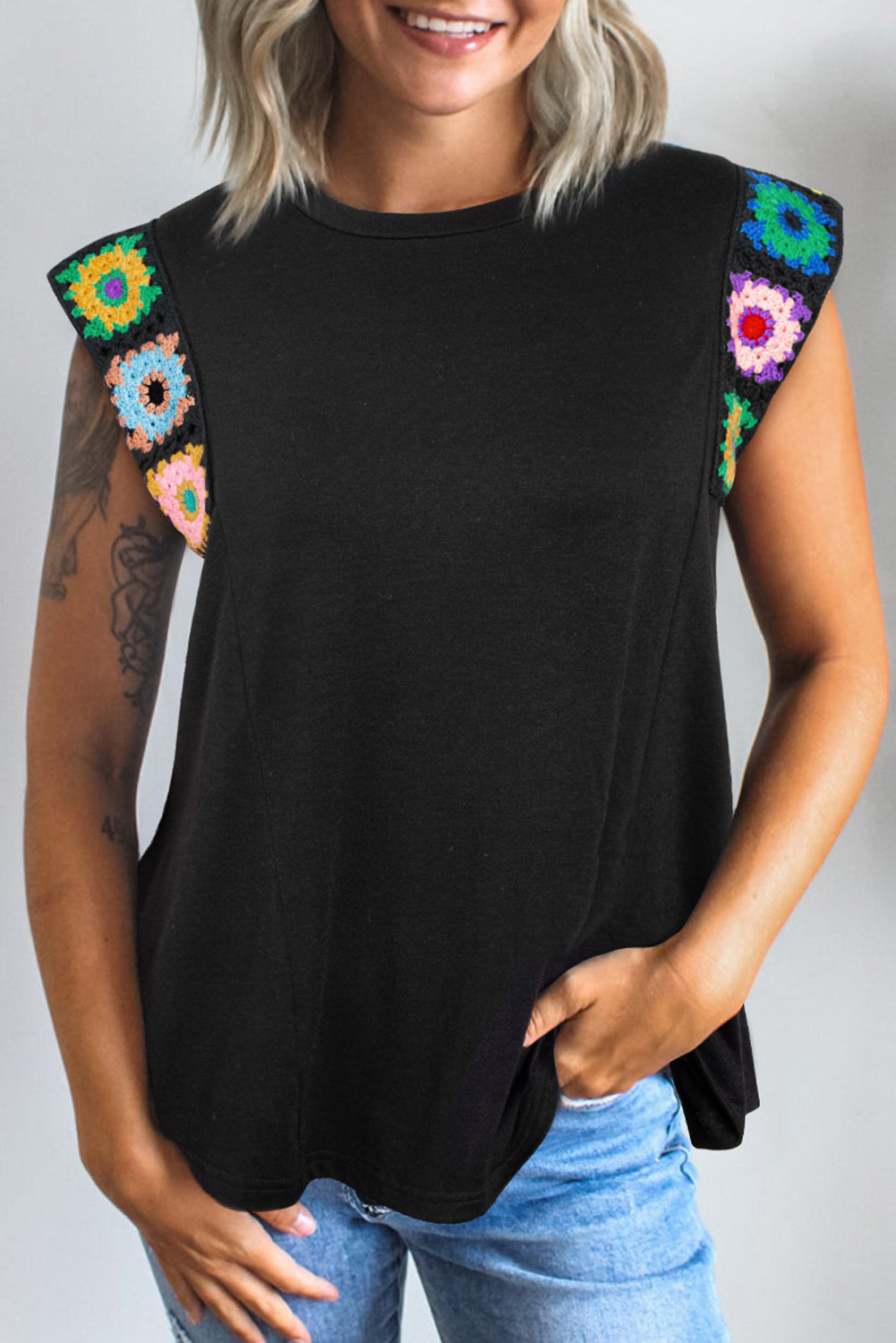 Black Floral Crochet Patched Sleeve Crew Neck Casual Tank Top