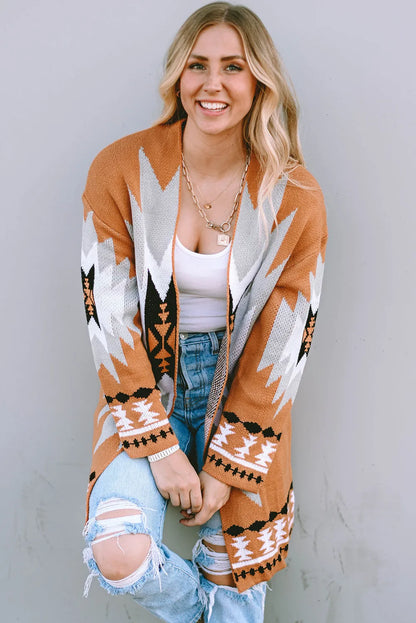 Gold Flame Aztec Graphic Open-Front Cardigan - Chic Meadow Boutique 