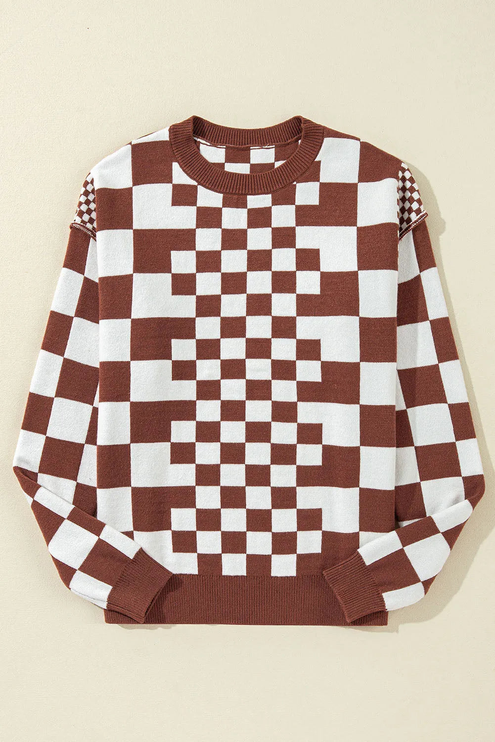 Brown Checkered Print Drop Shoulder Round Neck Sweater - Chic Meadow Boutique 