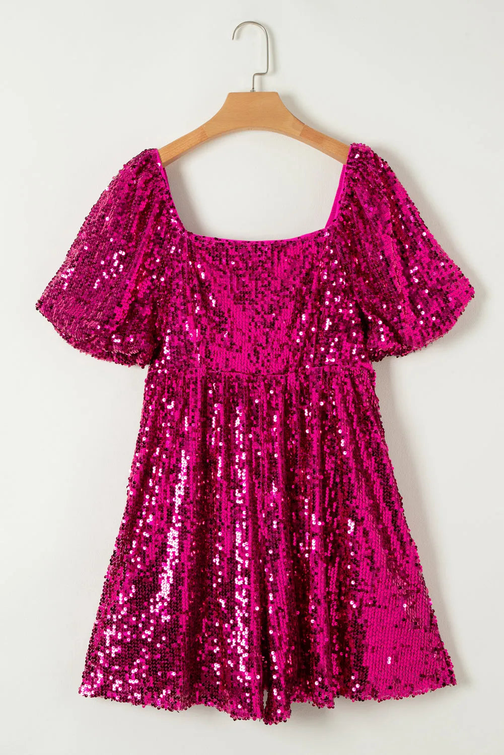 Rose Red Short Puff Sleeve Sequin Babydoll Romper - Chic Meadow Boutique 