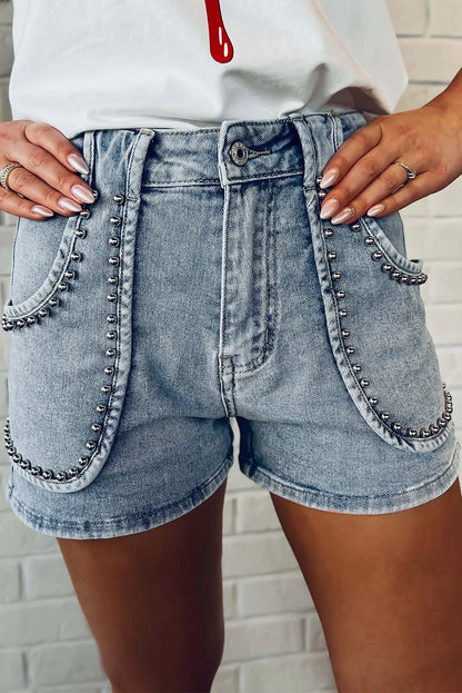 Dusk Blue Studded Acid Wash Jean Shorts - Chic Meadow Boutique 