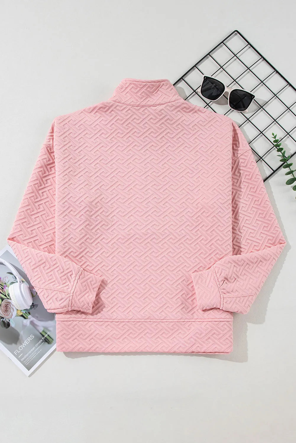 Light Pink Solid Textured Half Zipper Collared Sweatshirt - Chic Meadow Boutique 