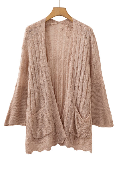 Old Rose Hollowed Pattern Knit Drop Shoulder Open Sweater Cardigan