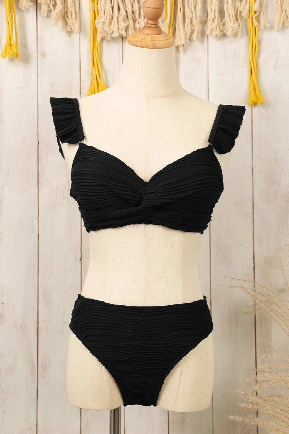 Black Wavy Textured Ruffled Straps Twist Bikini Swimsuit - Chic Meadow Boutique 