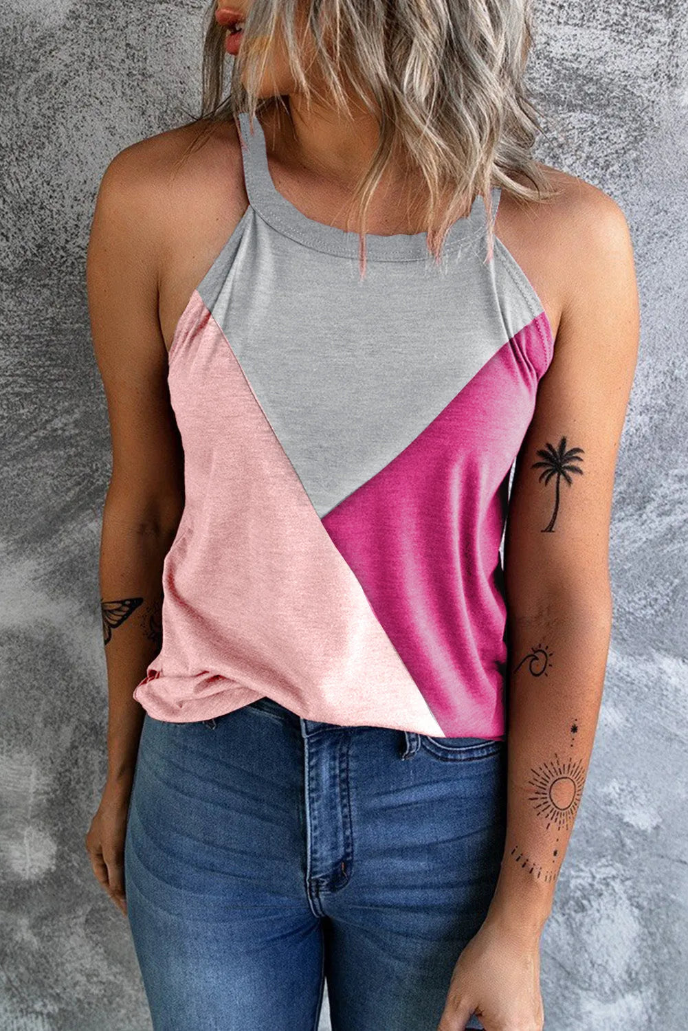 Rose Red Geometric Color Block Sleeveless Top - Chic Meadow Boutique 