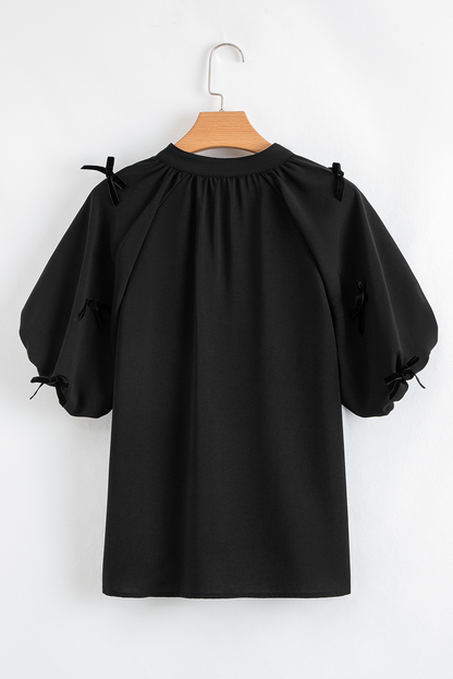 Black Bow Decor Puff Sleeve Split Neck Blouse