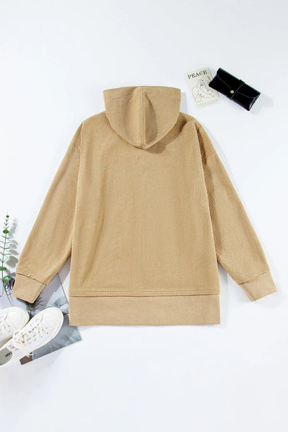 Simply Taupe Solid Ribbed Knit Buttoned Drop Shoulder Oversized Hoodie - Chic Meadow Boutique 