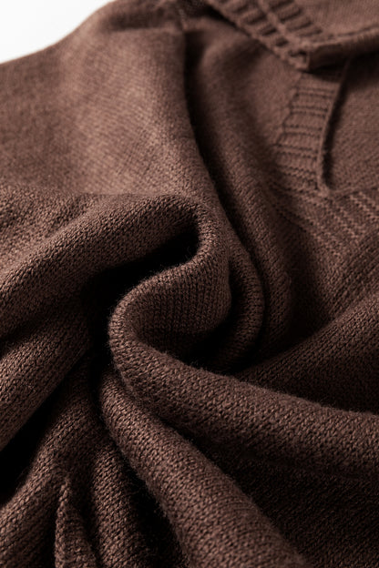 Dark Brown Ribbed Deep V Neckline Front Pocketed Loose Tunic Sweater Vest