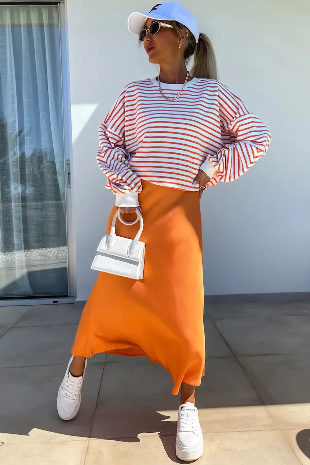 Orange Stripe Drop Shoulder Crew Neck Loose Sweatshirt - Chic Meadow Boutique 