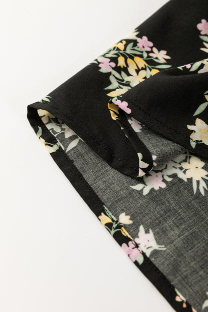 Black Floral Spaghetti Strap Shirred Bodice Tied Empire Waist Maxi Dress