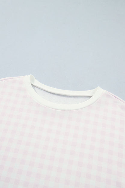 Pink Plaid Round Neck Long Sleeve Sweatshirt