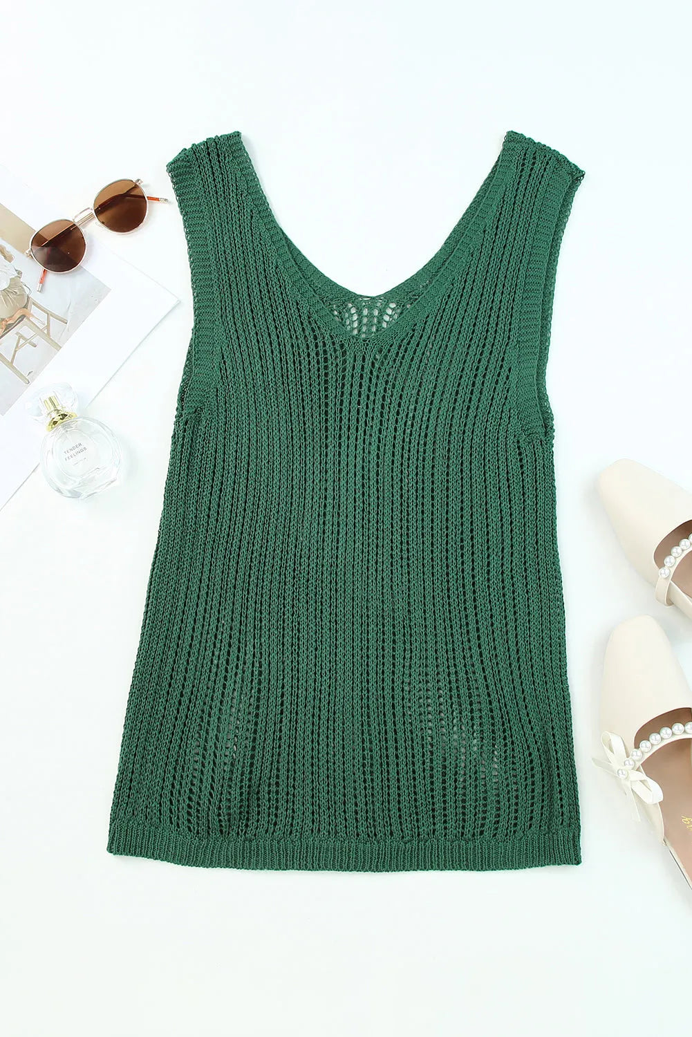 Green Hollowed Knit V Neck Tank Top - Chic Meadow Boutique 