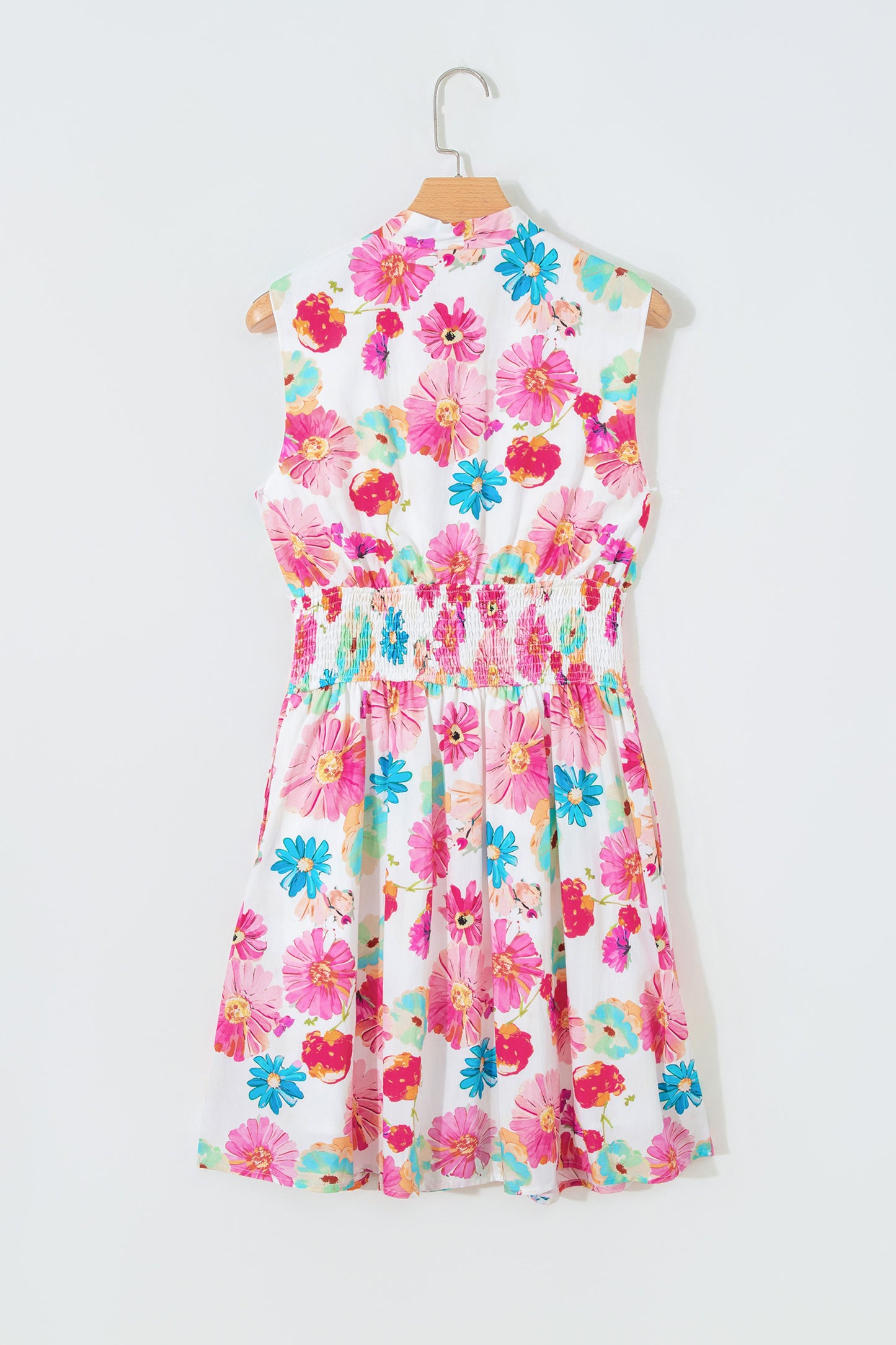 Pink Adorable Floral Print V Neck Zip Up Smocked Waist Flared Mini Dress
