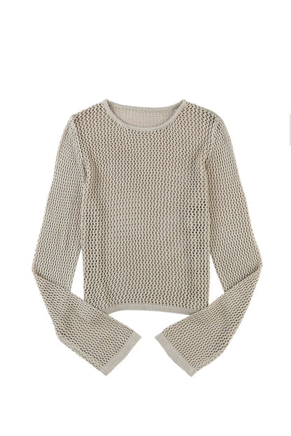 Khaki Hollow-out Knit Long Sleeve Top - Chic Meadow Boutique 