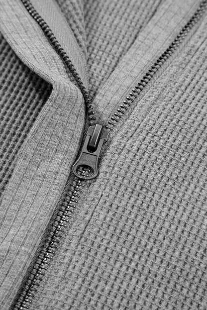 Gray Waffle Splicing Zip Up Front Button Hooded Jacket