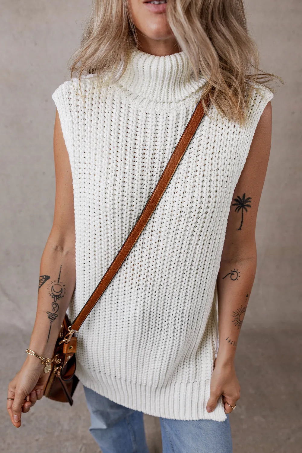 White Turtleneck Knitted Slit Hem Sweater Vest - Chic Meadow Boutique 