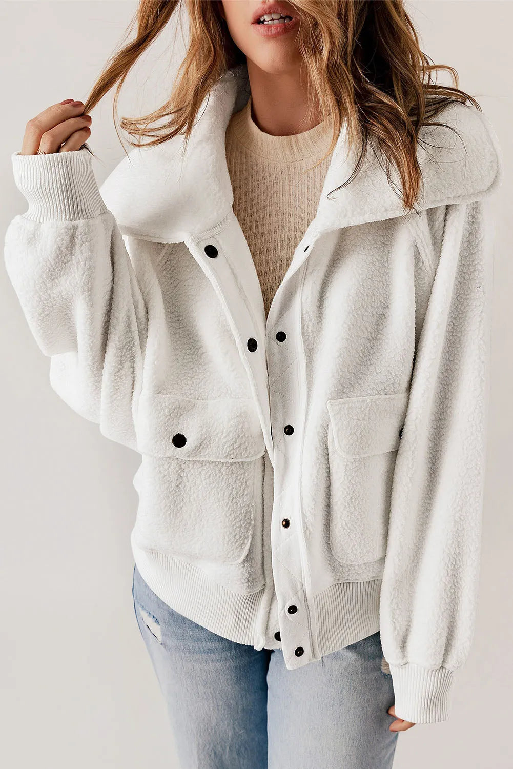 White Button Flap Pocket Spread Collar Fleece Jacket - Chic Meadow Boutique 