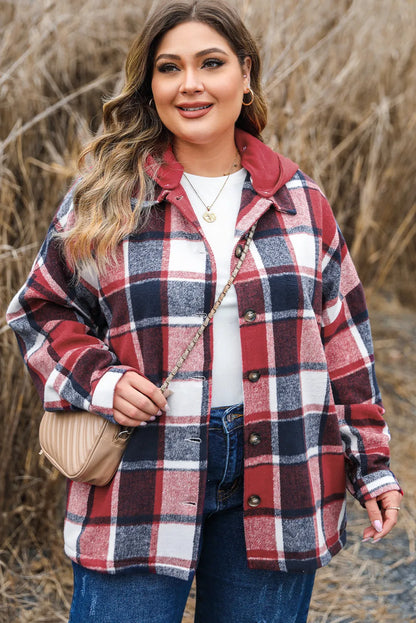 Red Printed Plus Size Plaid Button up Hooded Jacket - Chic Meadow Boutique 