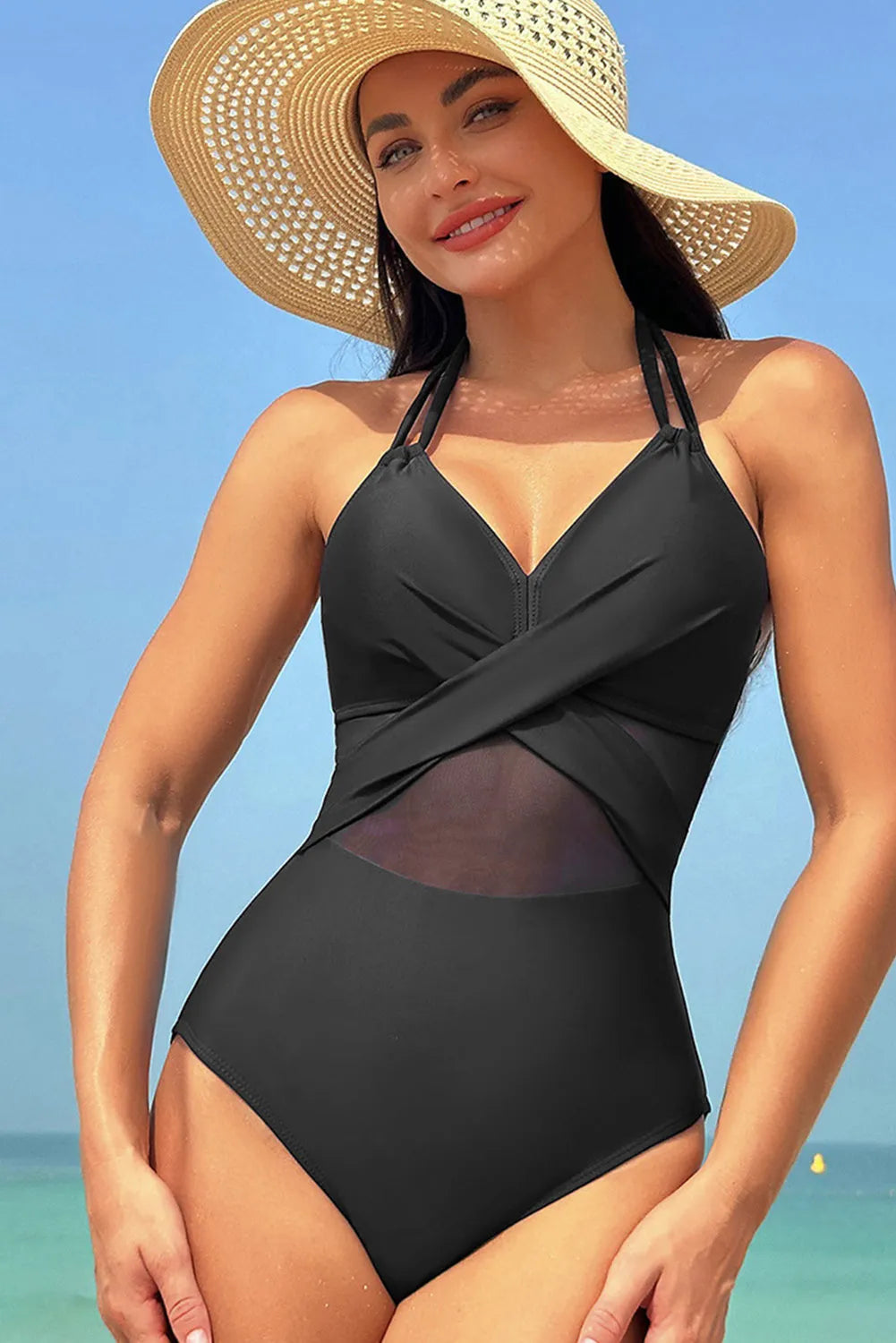 Black Halter Mesh Insert Cross Front One-Piece Swimsuit - Chic Meadow Boutique 