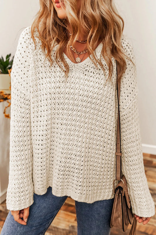 White Hollow-out Crochet V Neck Sweater - Chic Meadow Boutique 