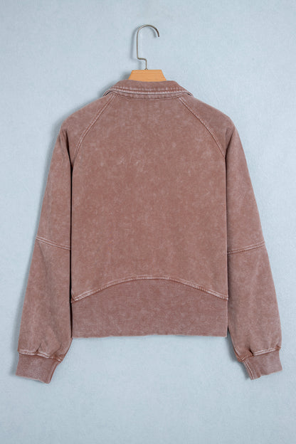 Chestnut Vintage Half-Zip Long Sleeve Ribbed Cuffs Hem Shift Silhouette Sweatshirt
