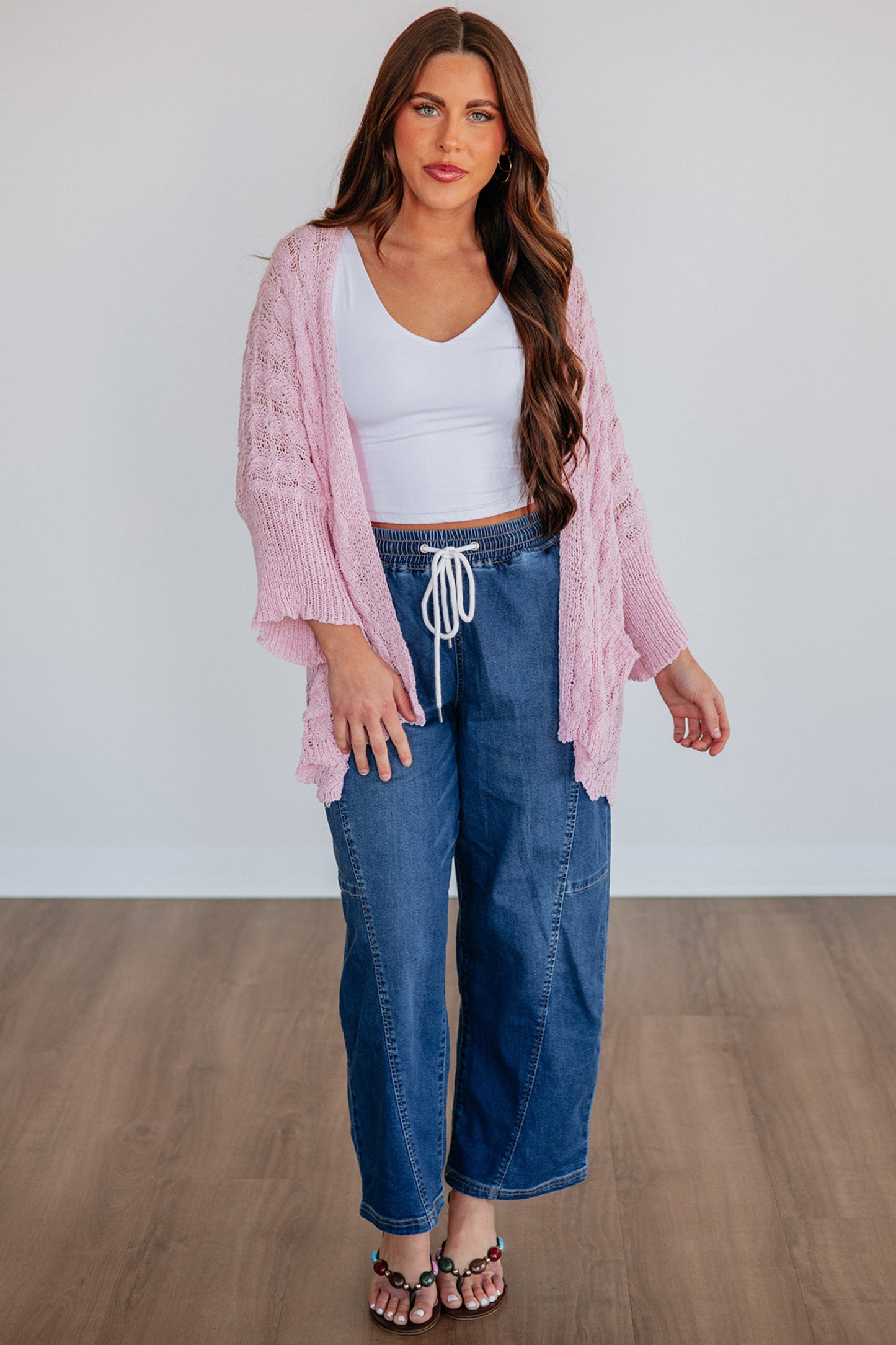 Pink Drop Shoulder Crochet Knit Open Front Sweater Cardigan