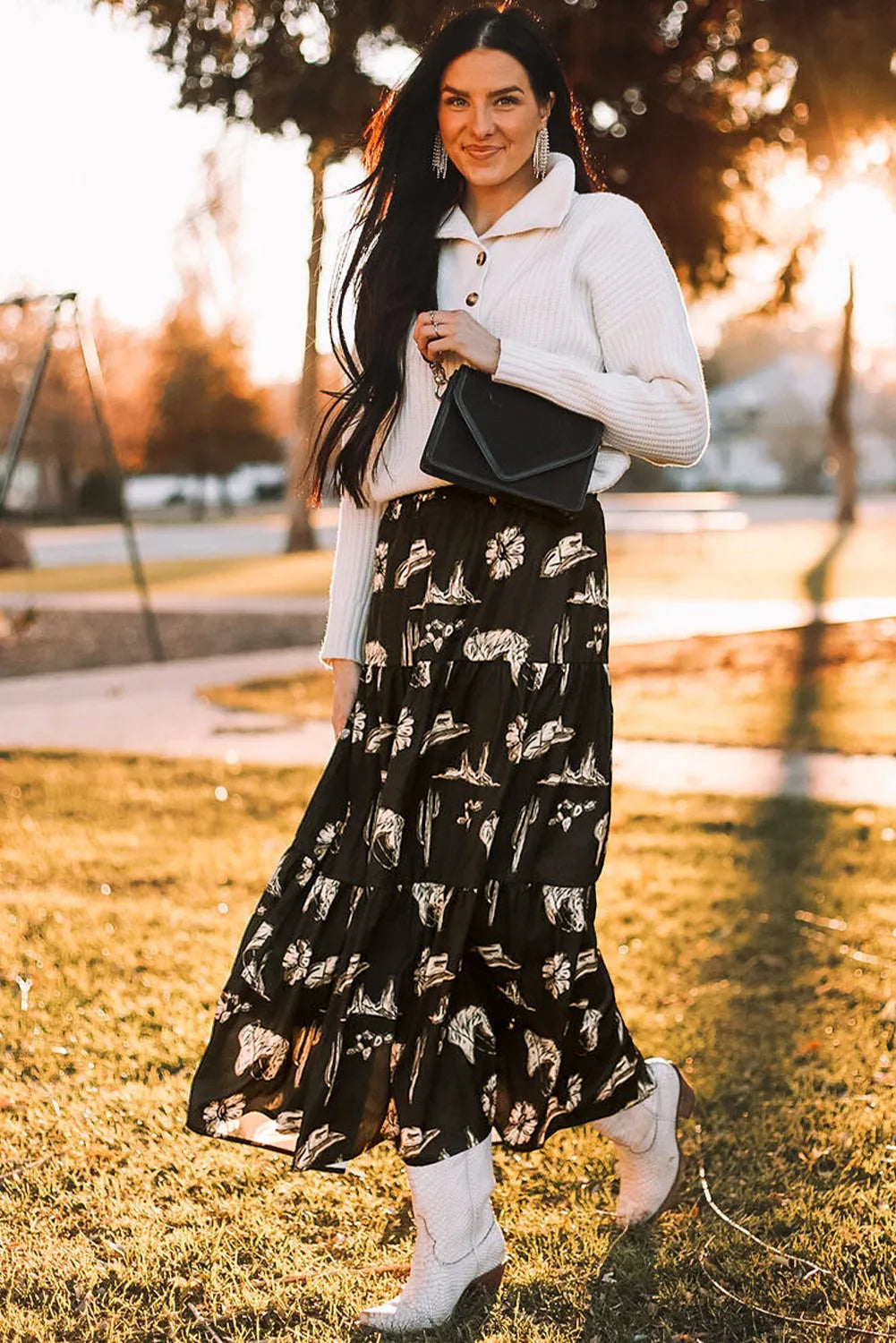 Black Western Print Tiered Ruffled High Waist Maxi Skirt - Chic Meadow Boutique 