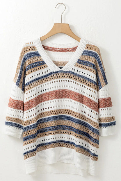 Multicolour Striped Hollow Out Half Sleeve Knitted Sweater - Chic Meadow Boutique 