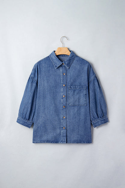 Dusk Blue Three Quarter Sleeve Button Front Loose Denim Shirt