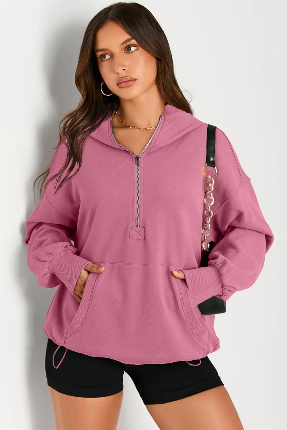 Valerian Solid Kangaroo Pocket Half Zipper Oversized Hoodie - Chic Meadow Boutique 