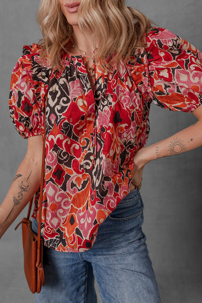 Red Ethnic Print Split Neck Short Puff Sleeve Blouse