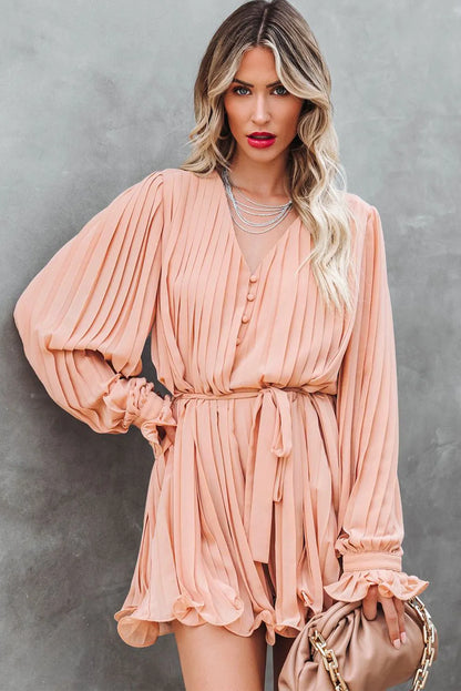 Pink Pleated Ruffled Tie Waist Buttons V Neck Romper - Chic Meadow Boutique 