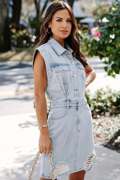 Light Blue Acid Wash Flap Pockets Frayed Denim Dress - Chic Meadow Boutique 