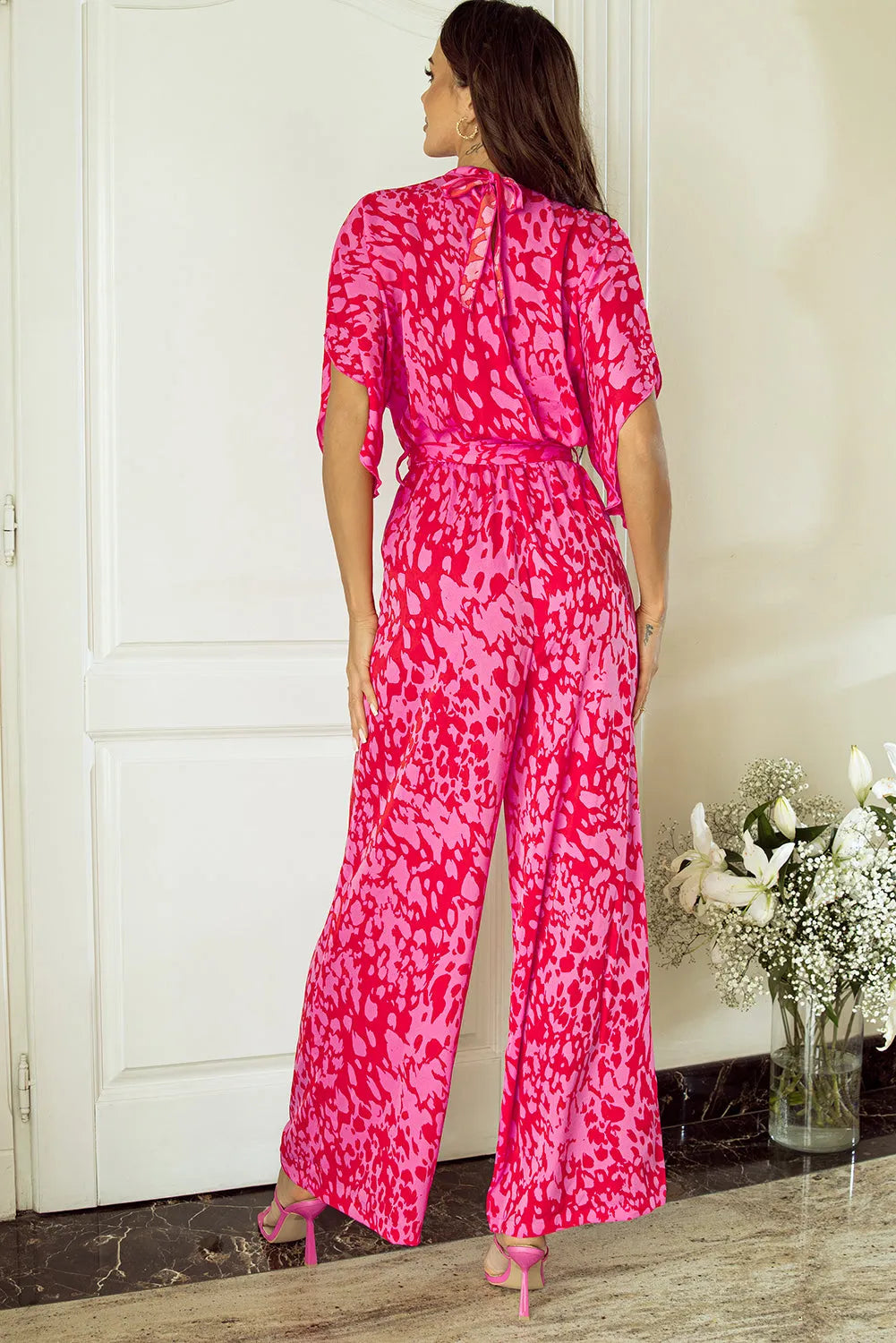 Rose Leopard Loose Sleeve Belted Wide Leg Jumpsuit - Chic Meadow Boutique 