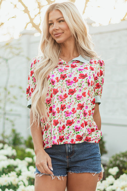 Red Floral Print Striped Patchwork Collared Short Sleeve Blouse