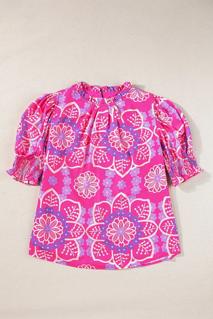 Rose Floral Print Frilled Neck Smocked Puff Sleeve Blouse - Chic Meadow Boutique 