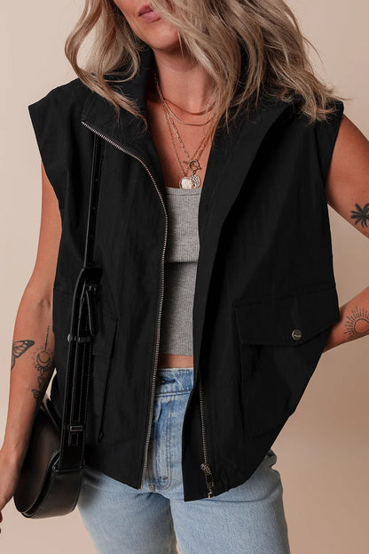 Black Flap Pockets Zip Up High Neck Vest - Chic Meadow Boutique 