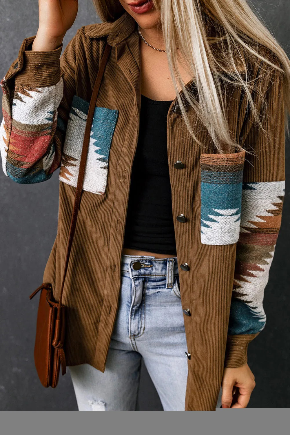 Khaki Aztec Pattern Corduroy Shacket - Chic Meadow Boutique 