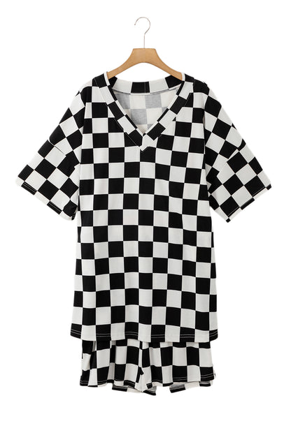 Black Checkered Pattern Tee and Shorts Plus Size Two Piece Set