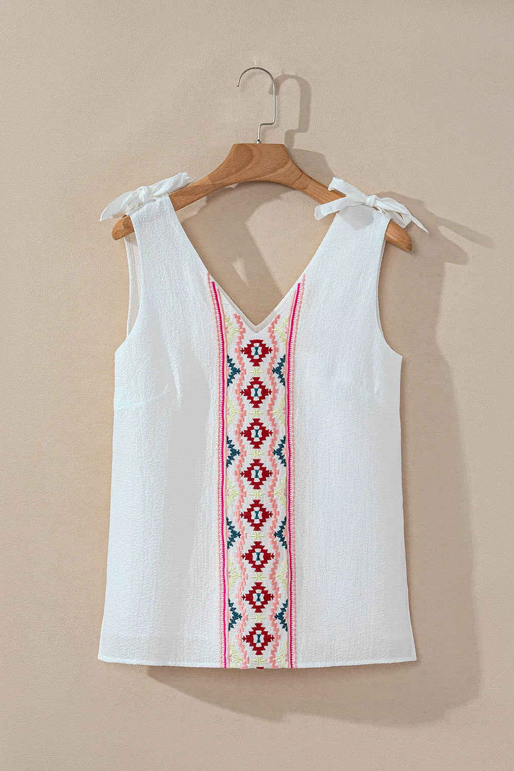 White Floral Embroidered Knot Straps Textured Tank Top - Chic Meadow Boutique 