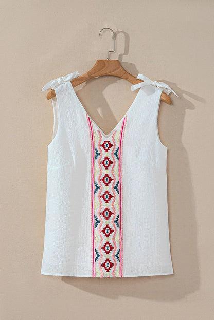 White Floral Embroidered Knot Straps Textured Tank Top - Chic Meadow Boutique 