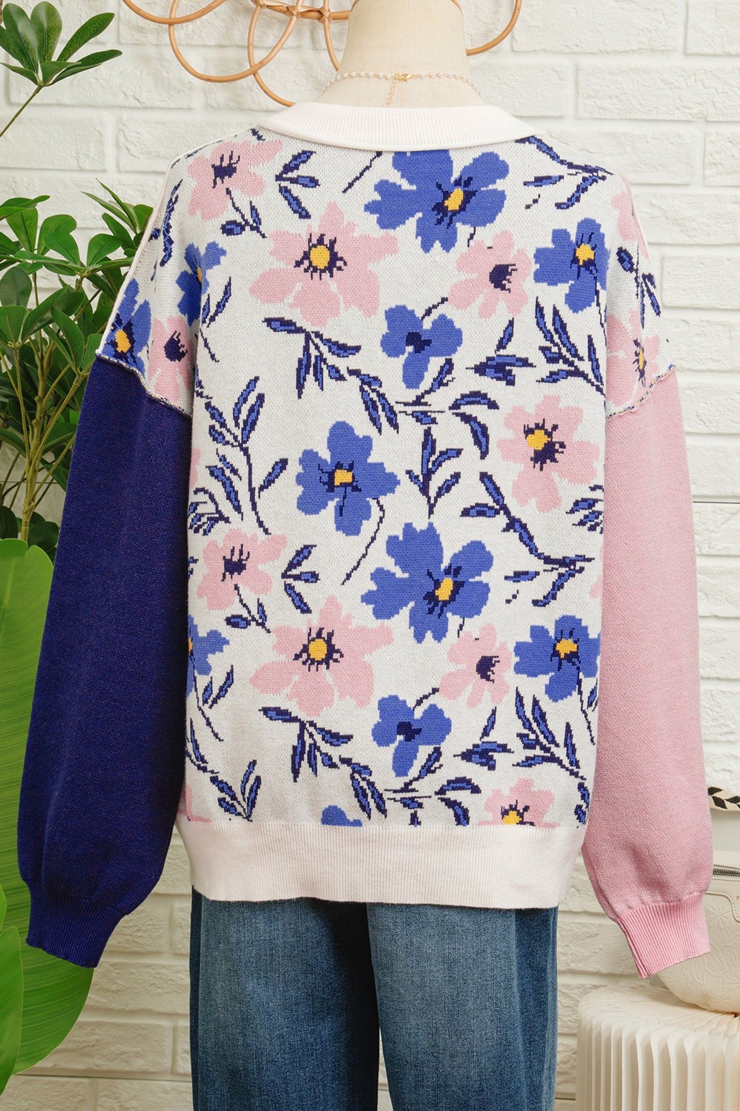 Khaki Floral Panel Colorblock Sleeve Patchwork Sweater