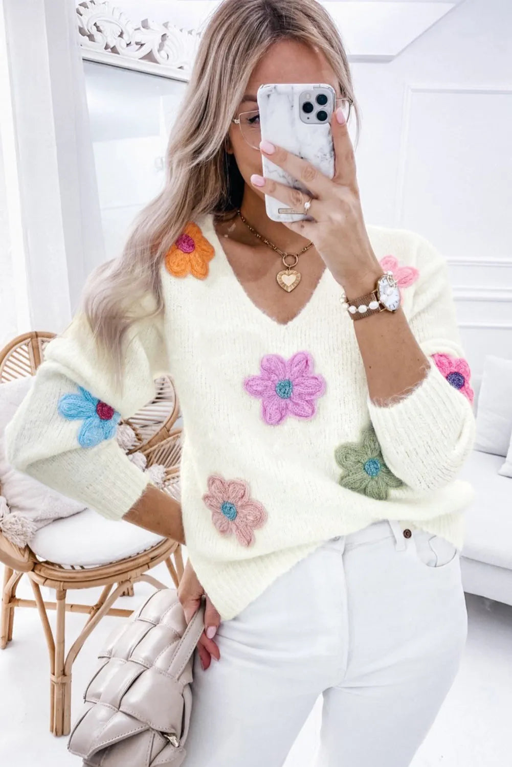 White Crochet Flower V Neck Sweater - Chic Meadow Boutique 