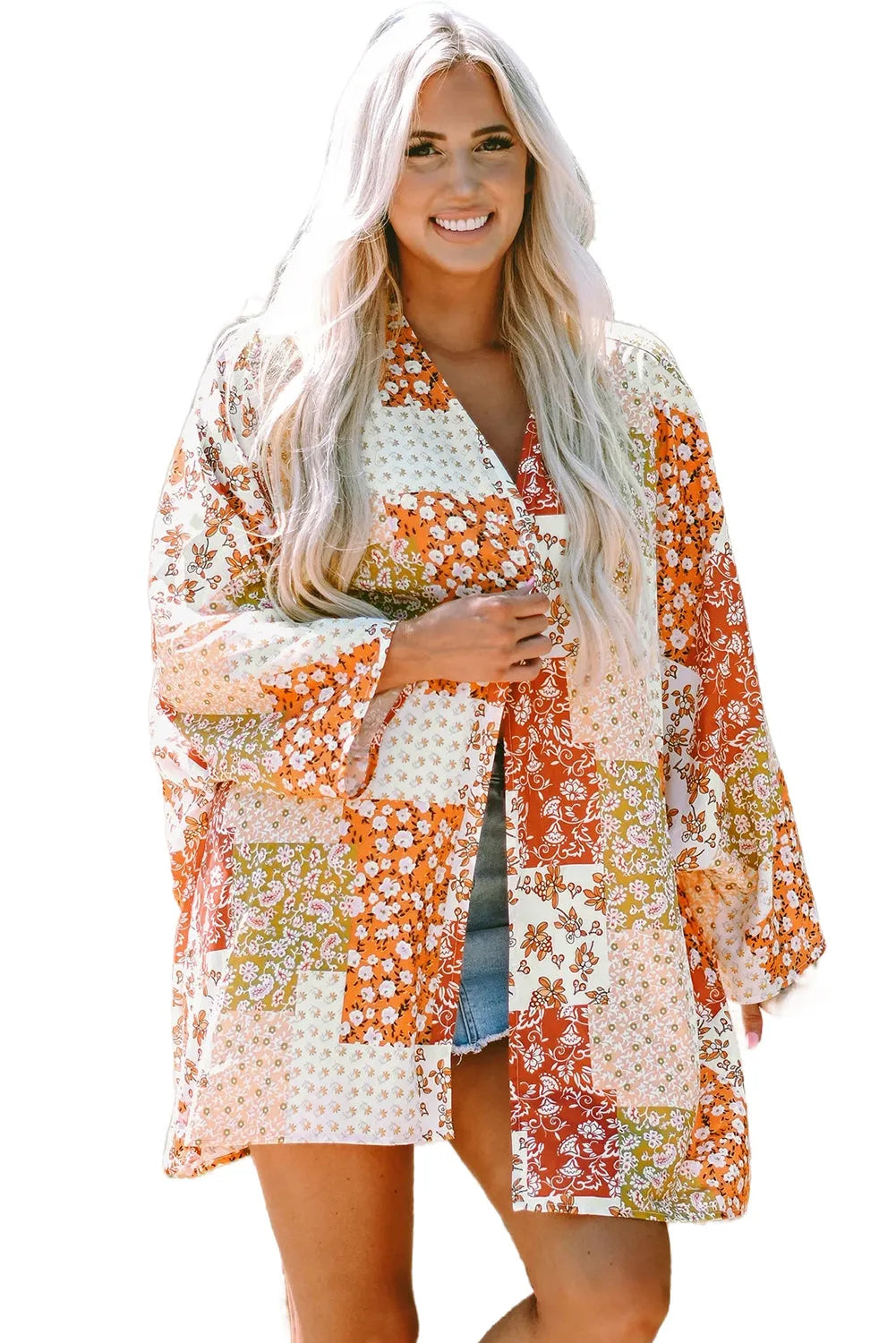 White Boho Patchwork Floral Open Front Kimono - Chic Meadow Boutique 