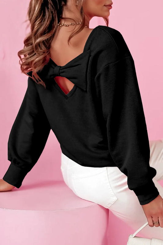 Black Bowknot Dewback Round Neck Sweatshirt - Chic Meadow Boutique 