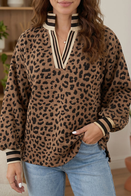 Brown Leopard Print Striped Trim Collar Long Sleeve Shift Pullover
