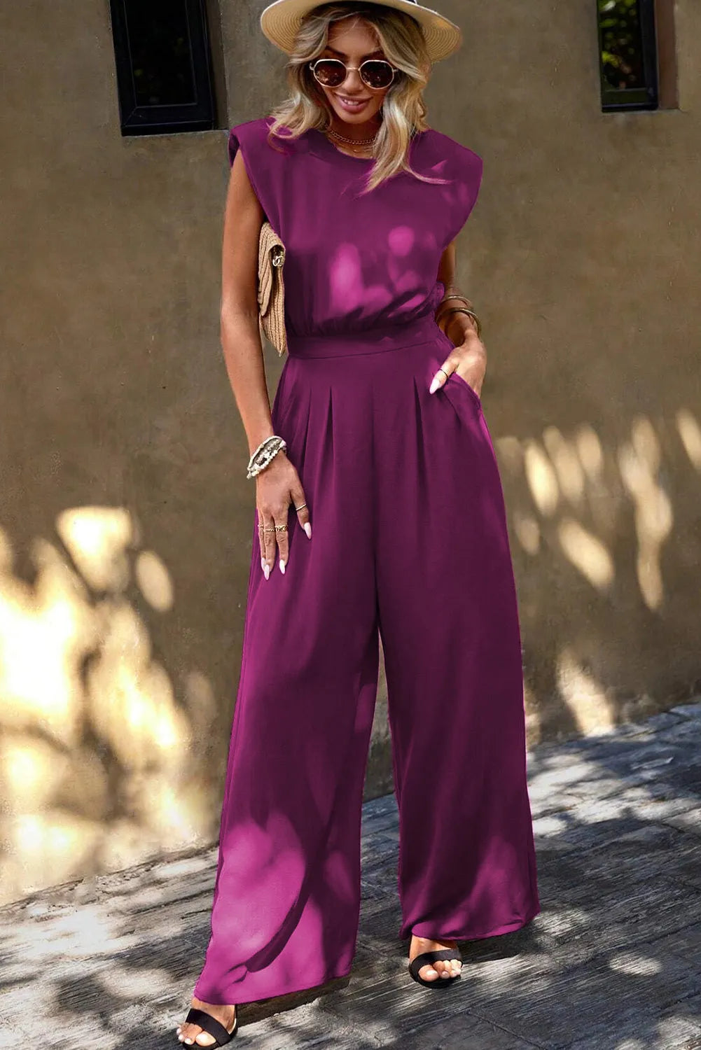 Rose Red Padded Shoulder Slant Pocket Wide Leg Jumpsuit - Chic Meadow Boutique 