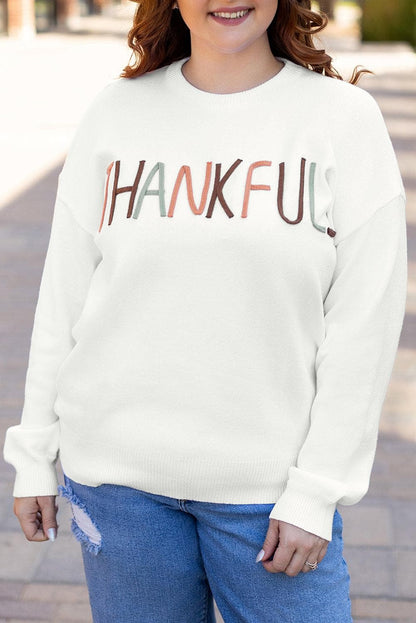 Plus Size/Plus Size Sweaters & Cardigans White Plus Size Thankful Ivory Embroidered Sweater