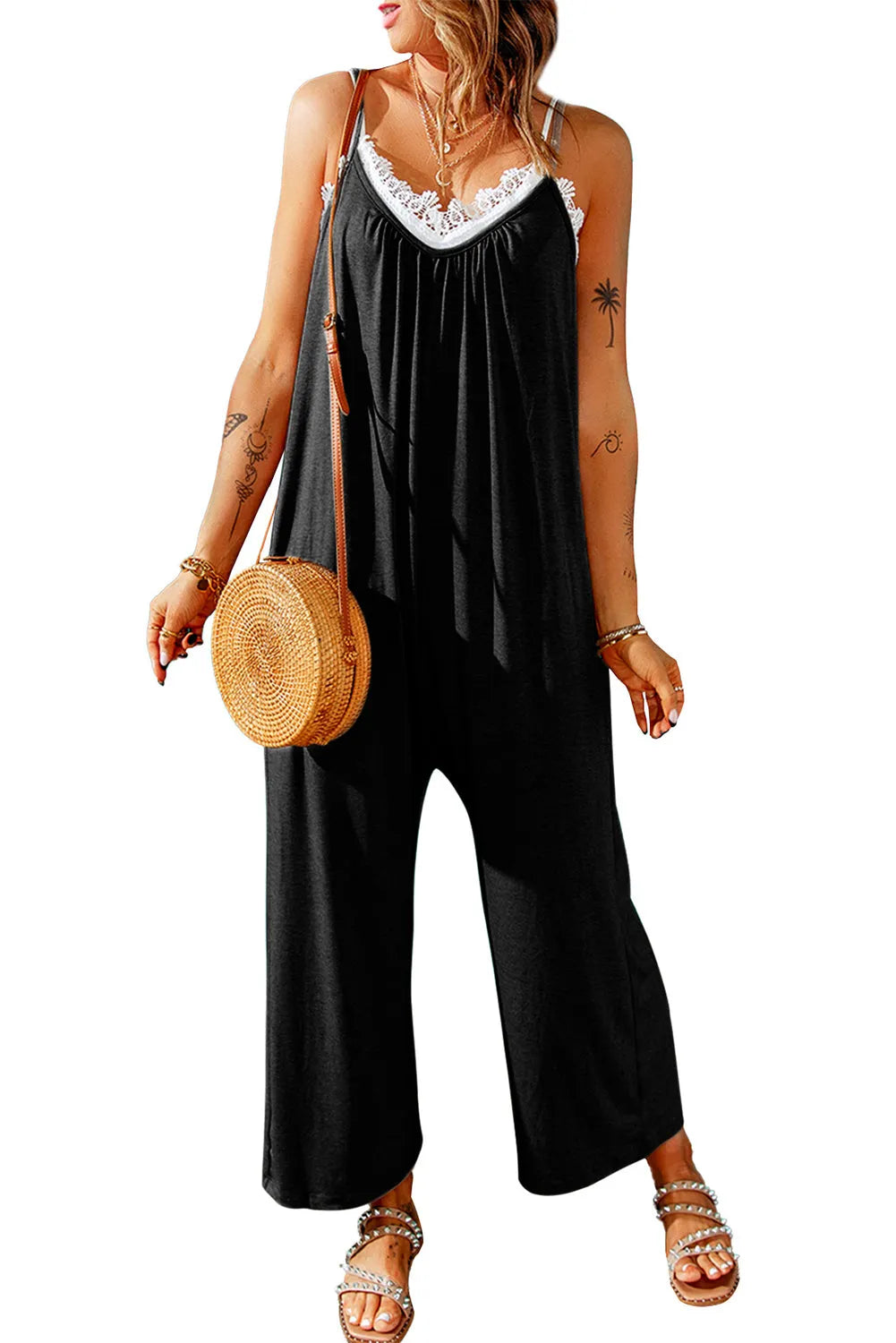 Black Spaghetti Straps Wide Leg Pocketed Jumpsuits - Chic Meadow Boutique 