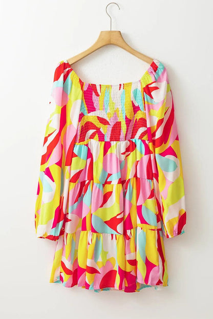 Dresses/Mini Dresses Multicolor Abstract Print Puff Sleeve Smocked Square Neck Dress